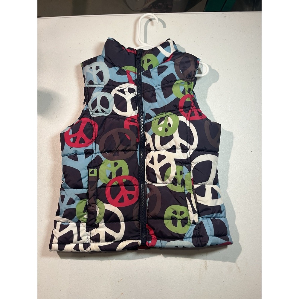 Old Navy Puffer Vest Kids Girls Size Medium 8 Peace Signs Zip Up fleece lined.